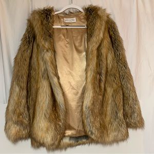 Donna Salyers' Fabulous Furs Faux Fur Hooded Coat Jacket size M tan brown winter